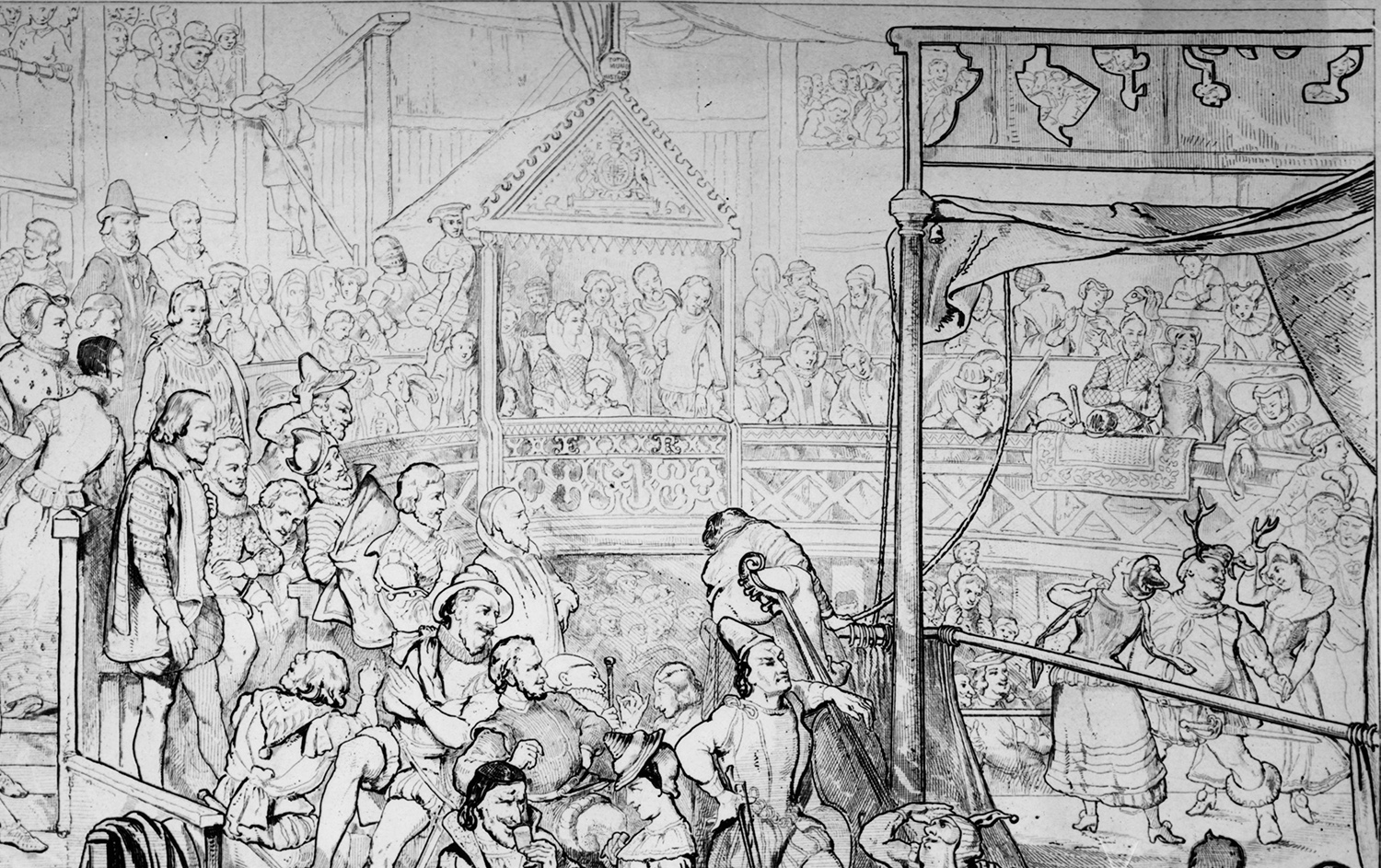 An etching of Shakespeare’s Globe Theatre with a packed audience and a view of Queen Elizabeth I in her royal box.