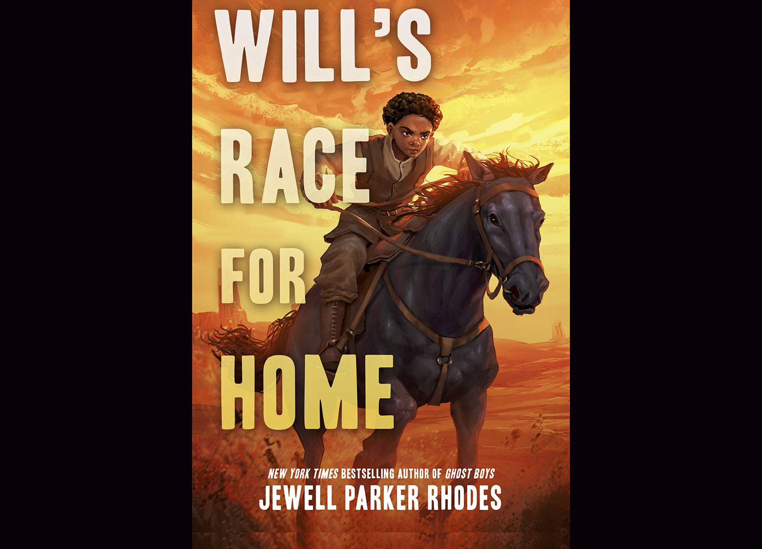 A book called Will’s Race for Home shows a young boy moving quickly on horseback.