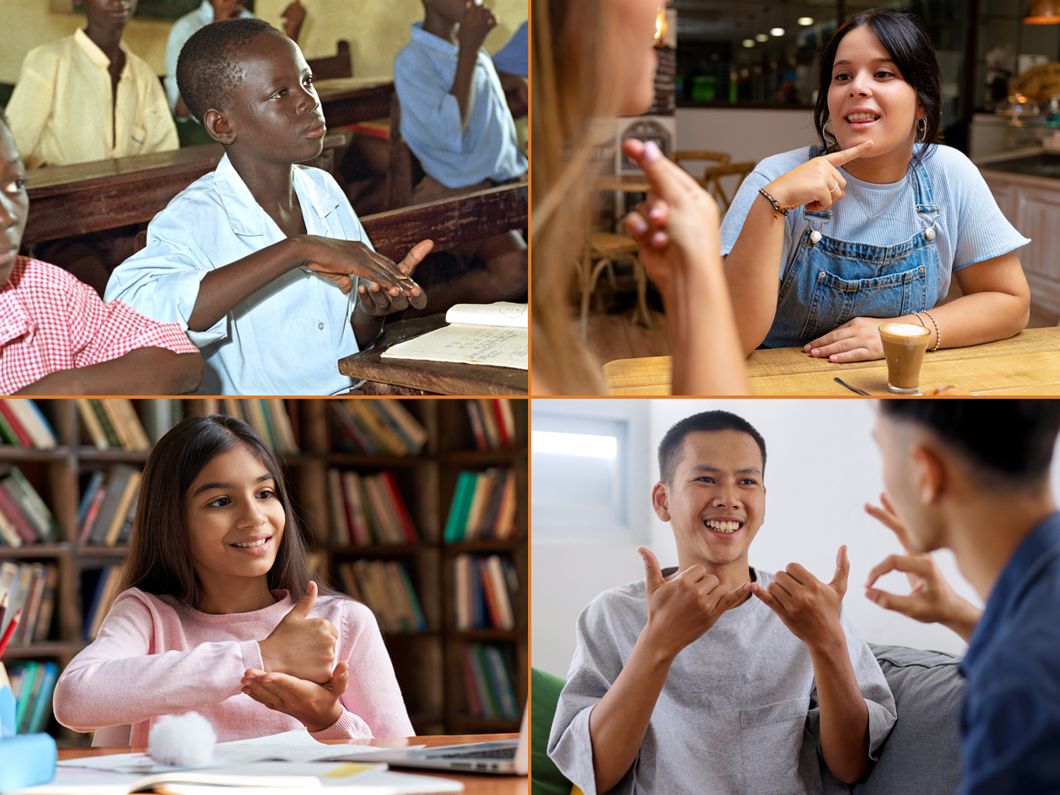 Four photos of people using different sign languages.