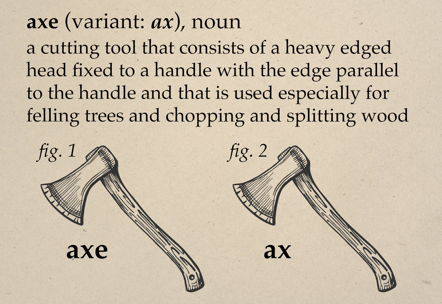 An illustrated dictionary definition for axe shows two identical drawings of an ax but only one uses the letter e at the end of the word.