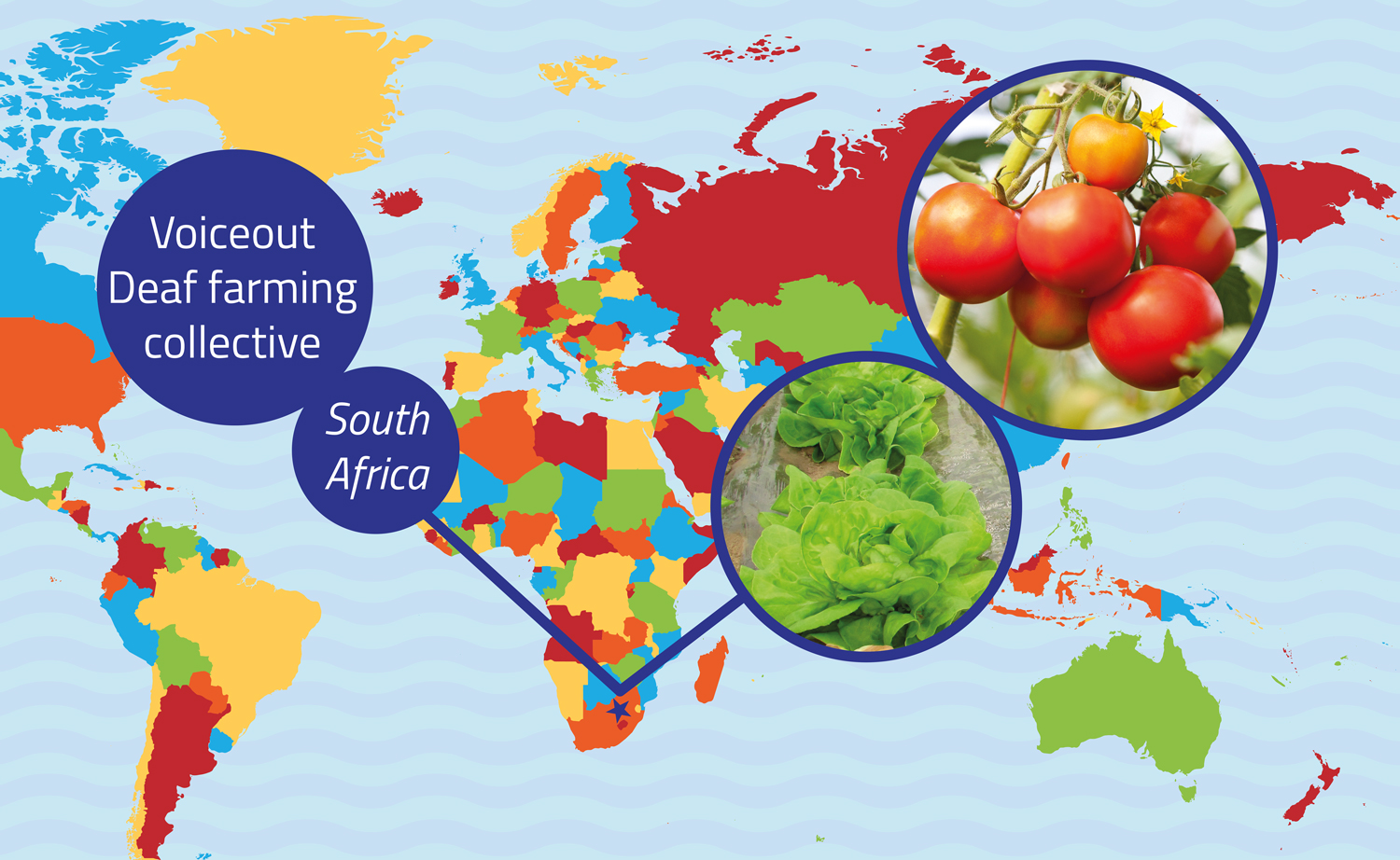 World map highlighting South Africa with a label reading Voiceout Deaf farming collective and insets showing crops.