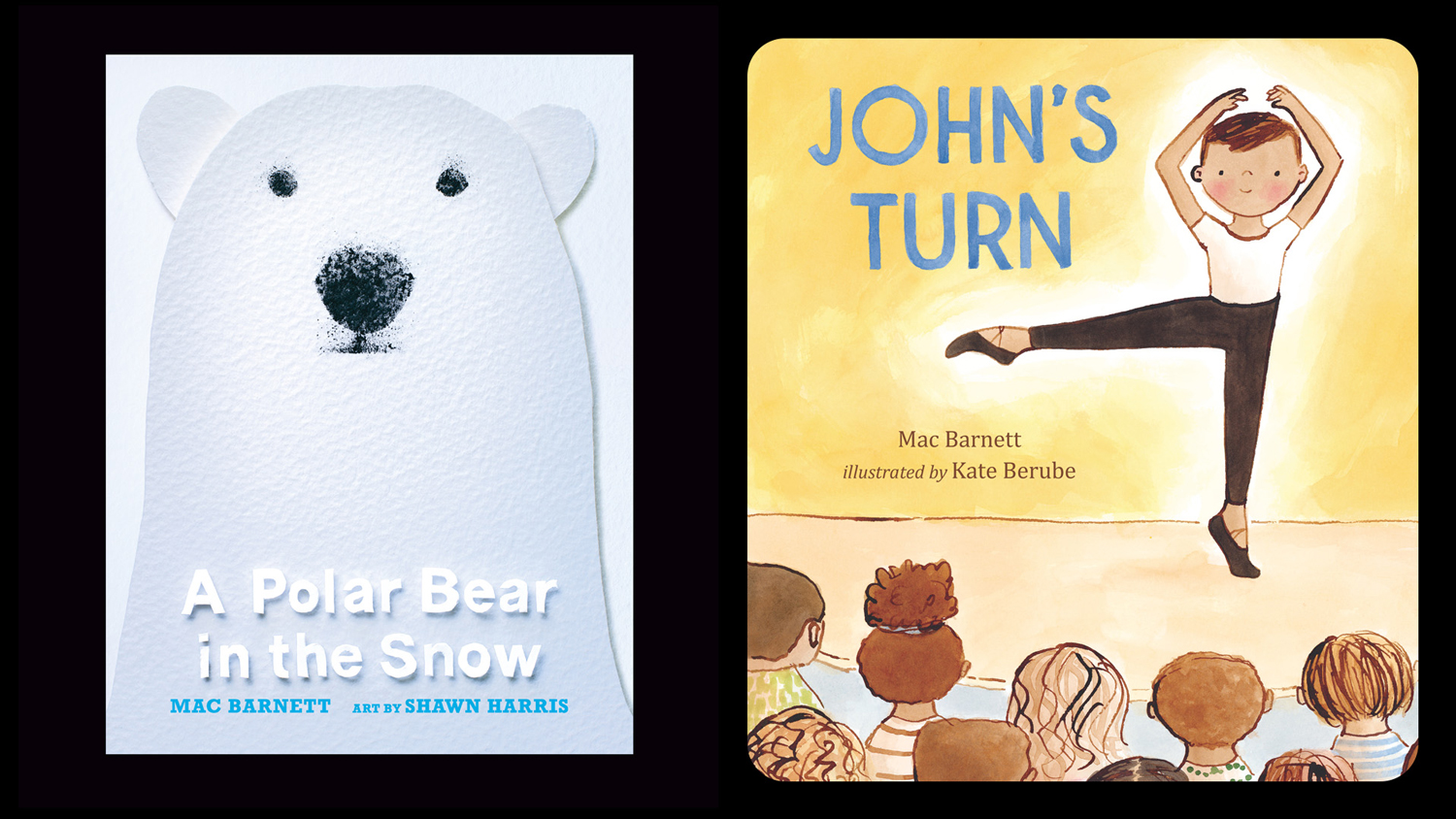 The covers of Mac Barnett’s books, A Polar Bear in the Snow and John’s Turn, are shown side by side.