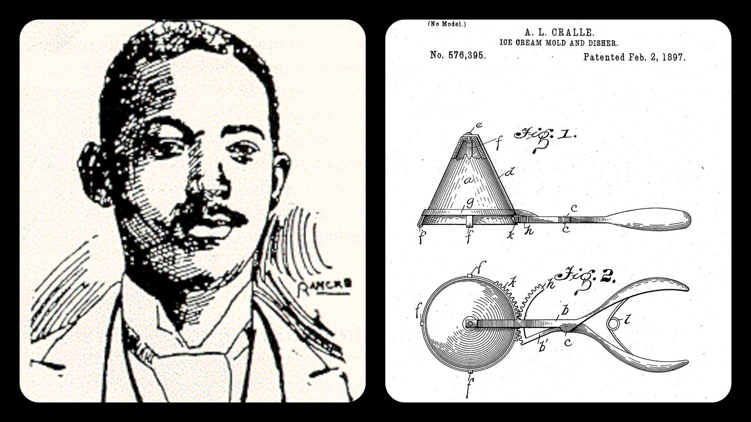 Side by side, an etching of Alfred L. Cralle and the 1897 patent for his ice cream scoop.