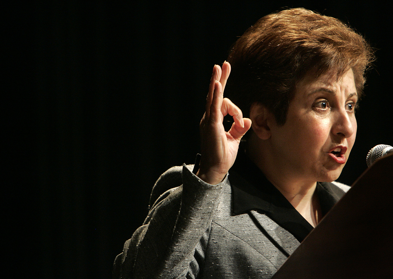 Shirin Ibadi speaks into a microphone in an indoor setting.