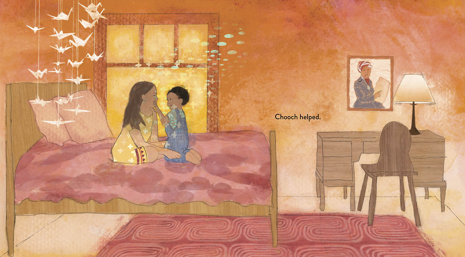 An interior page from Chooch Helped shows a sister and her infant brother sitting on a bed.