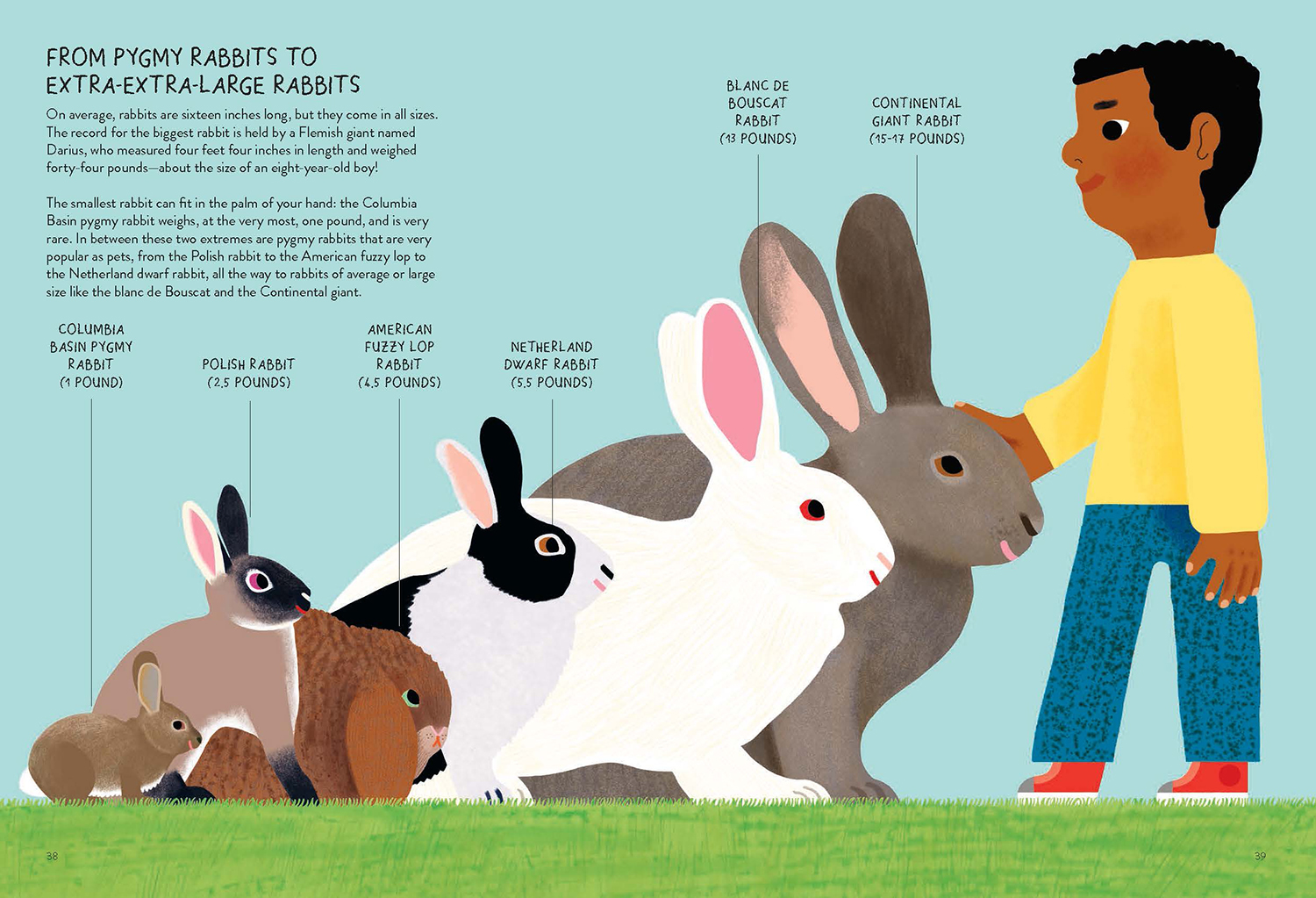 An interior page from Rabbitology shows a child with six types of rabbits, all labeled. There is also text describing the rabbits.