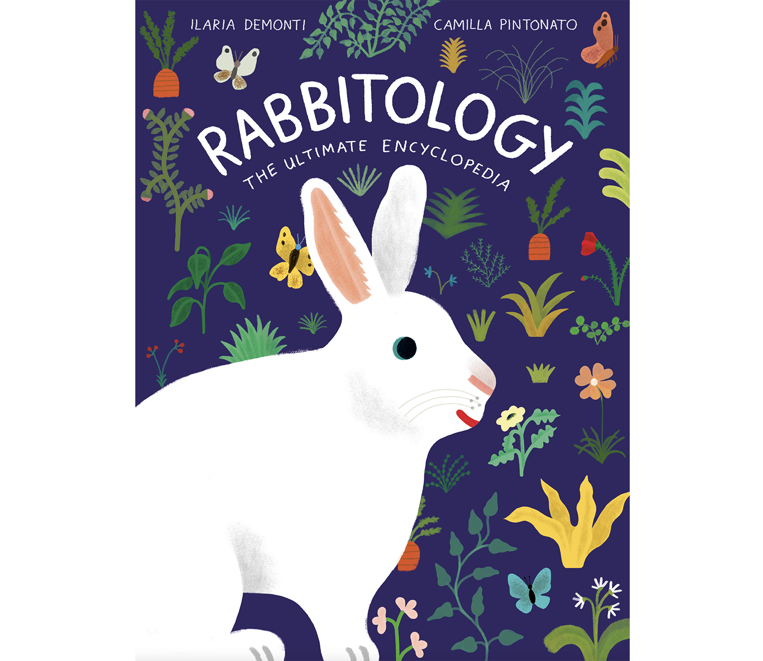 The cover of Rabbitology features a white rabbit with vegetables, flowers, and butterflies in the background.