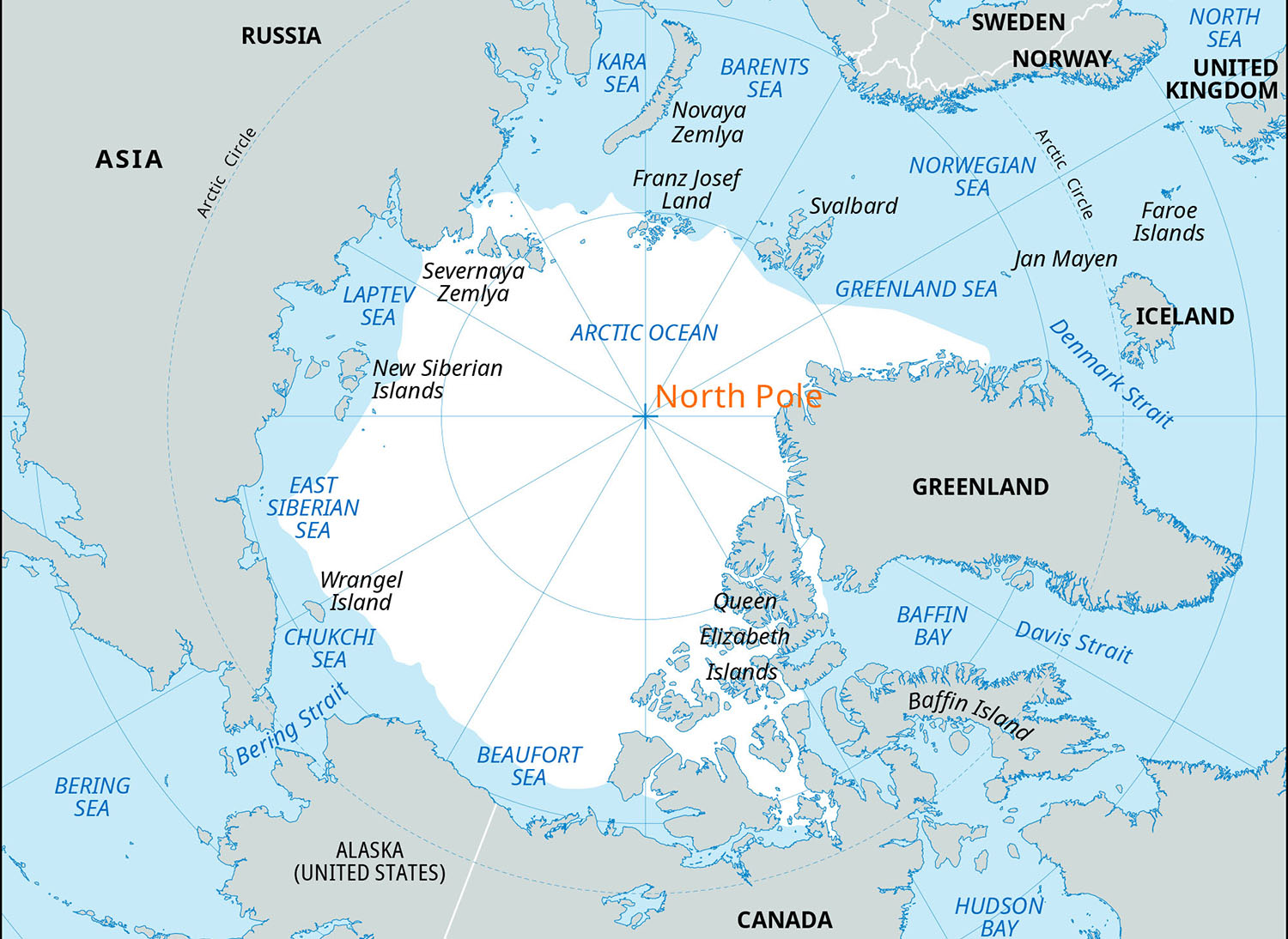 A map of the North Pole with the land to its south.