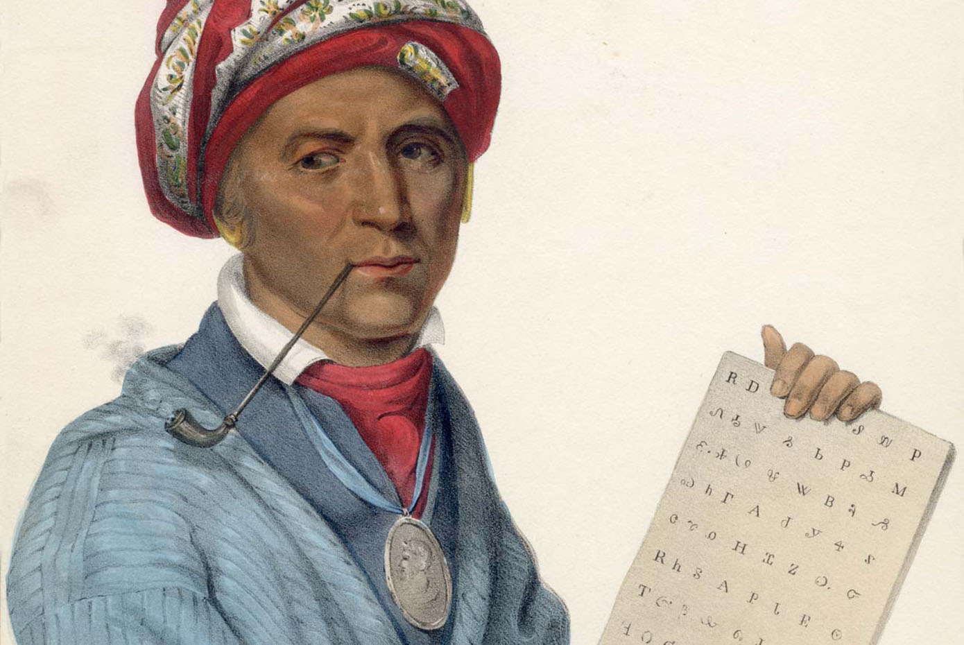 Painting of Sequoyah holding an example of a writing form on a tablet.