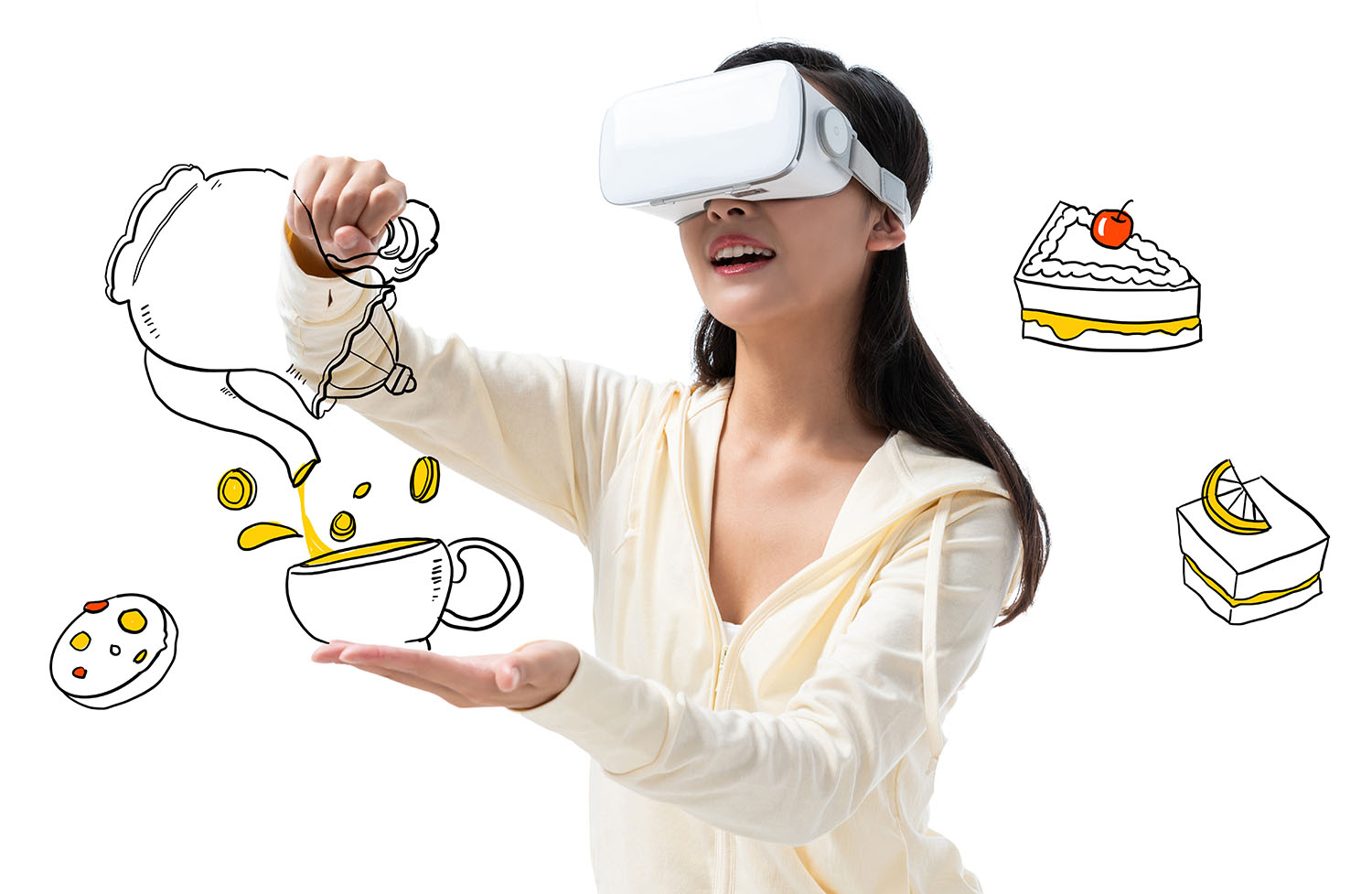 A woman wearing virtual reality goggles pours a virtual cup of coffee, shown as an illustration, while illustrations of other foods hover around her.