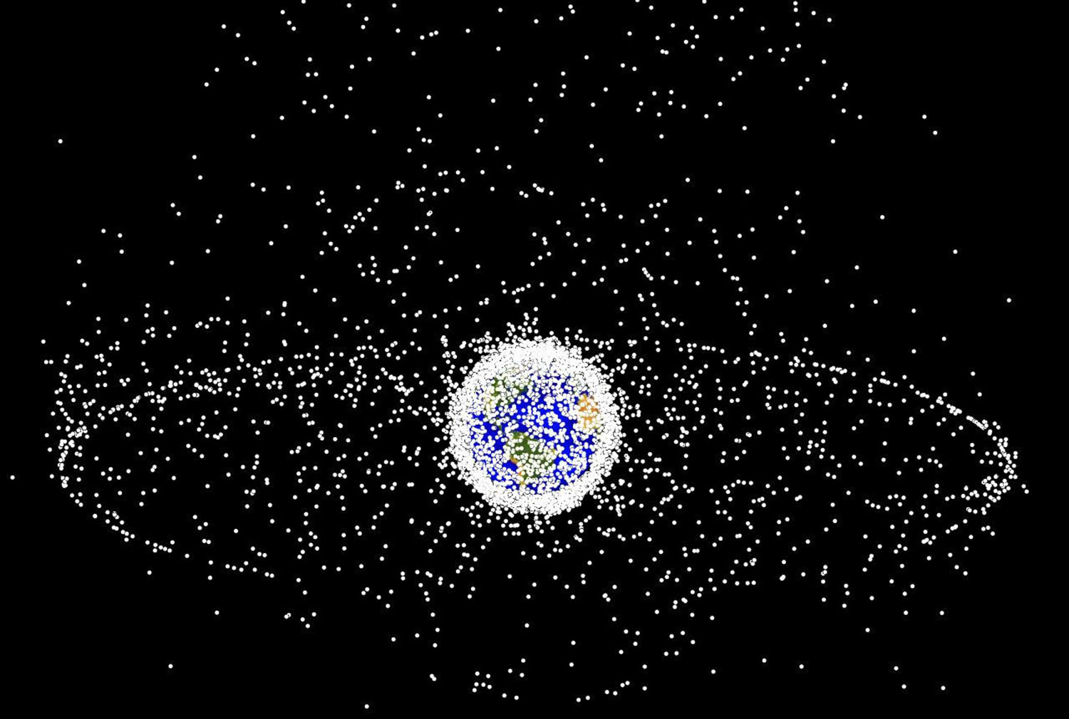 Earth surrounded by many white dots.