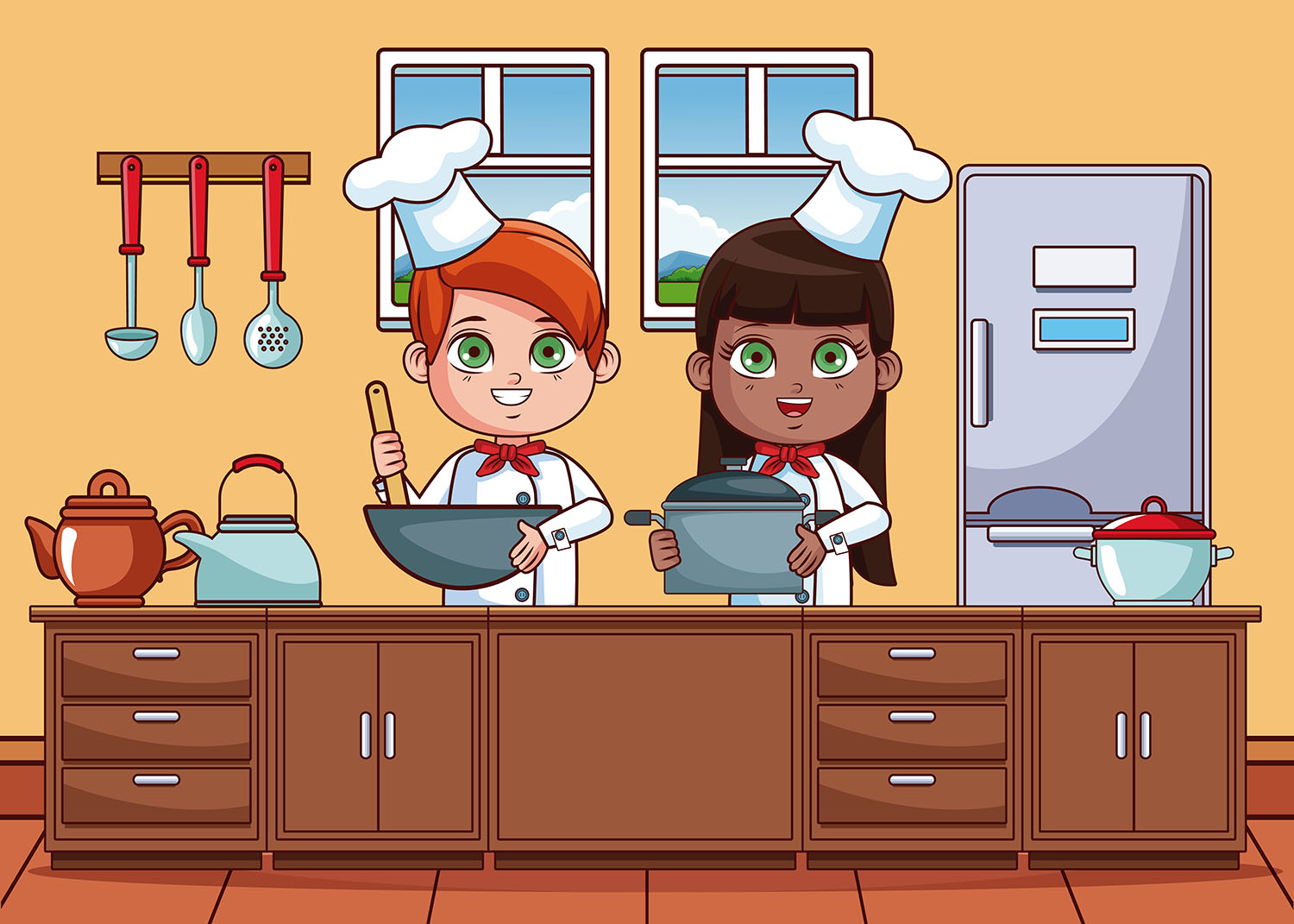 Illustration of a boy and a girl wearing chefs’ hats and coats and holding equipment in a kitchen.
