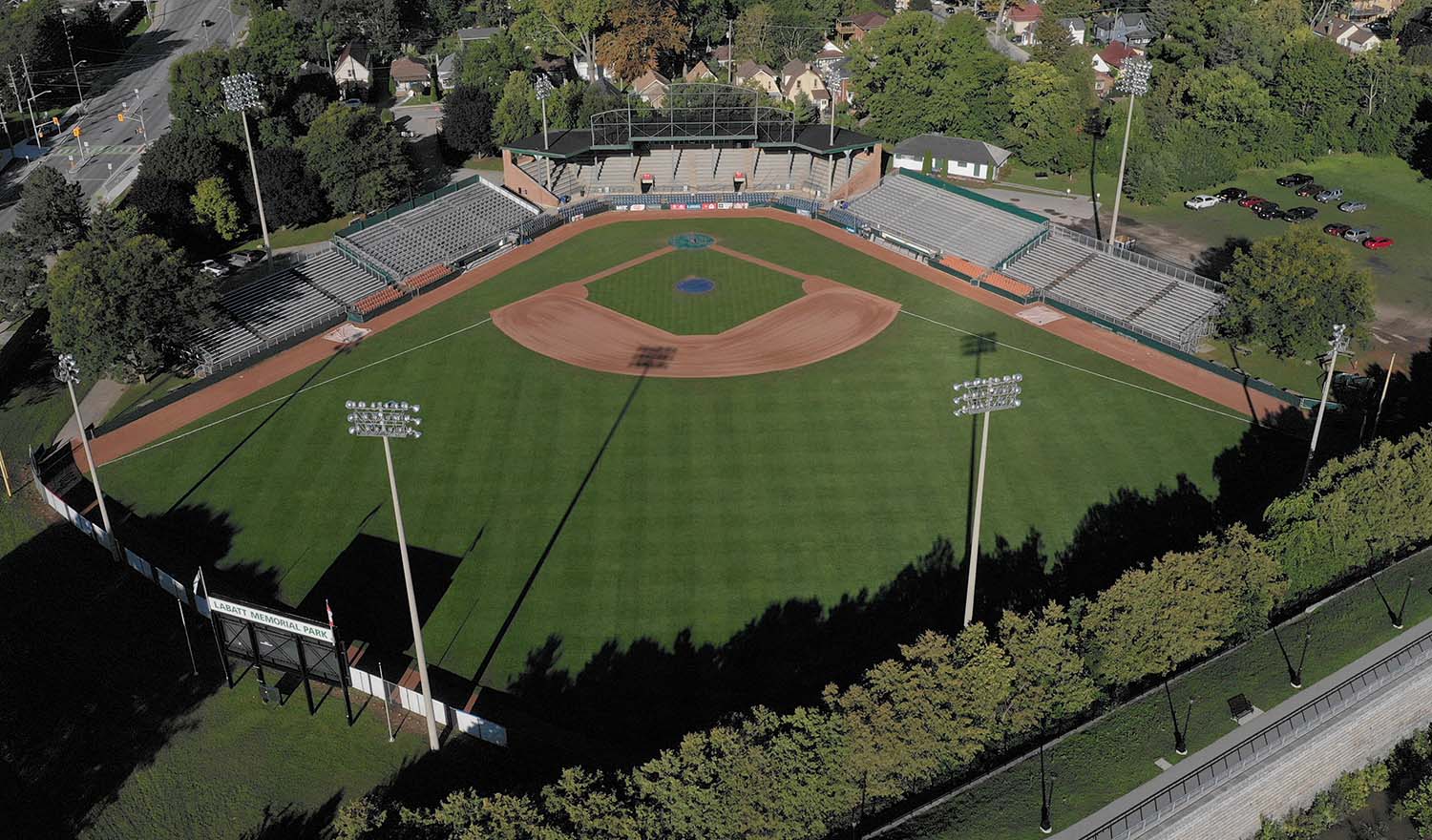 An overhead view of Labatt Memorial Park without players and spectators