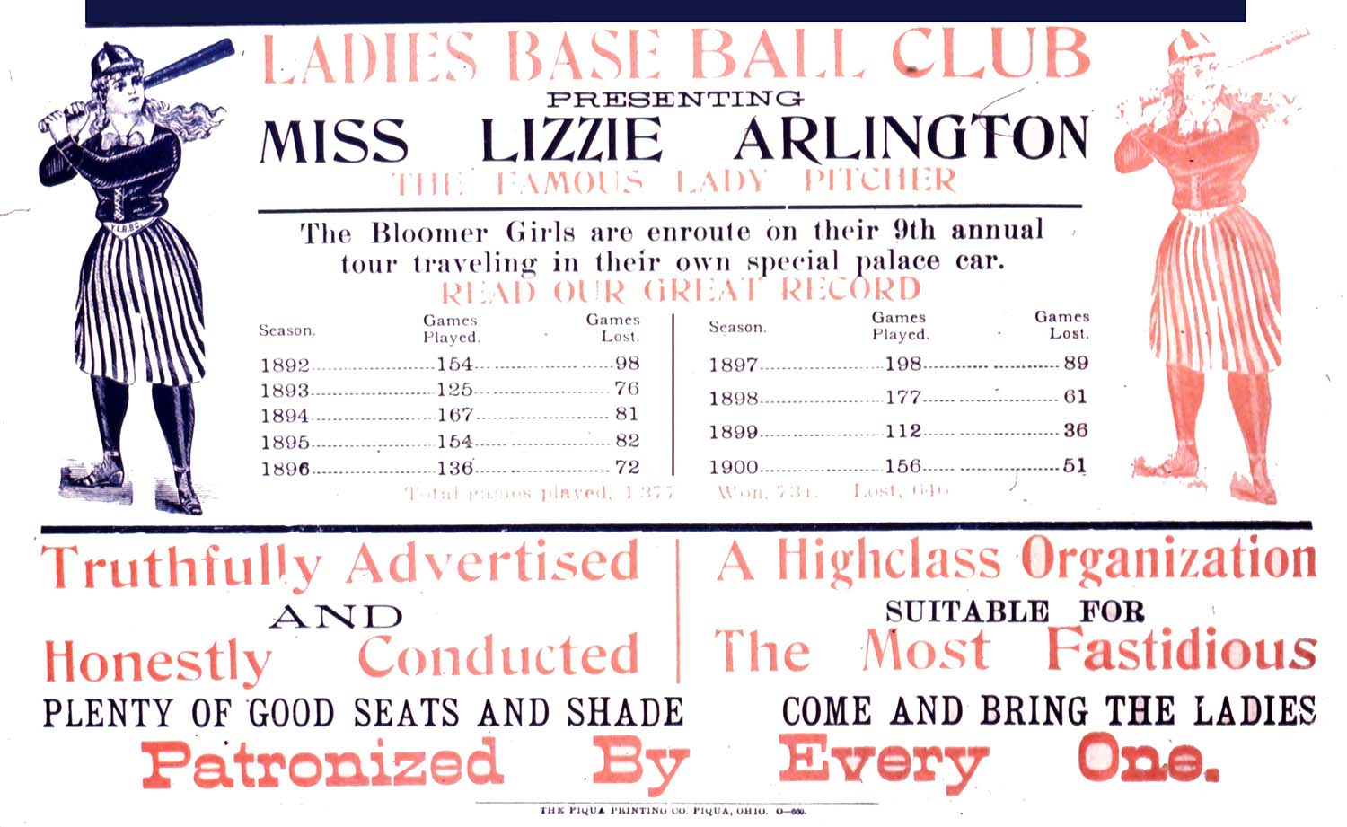 A poster shows an image of a female baseball player from 1900 holding a bat along with the winning record of a group of players called the Bloomer Girls.