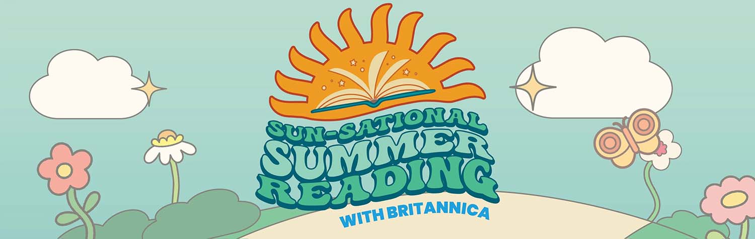 A blue banner with a road, bushes, and flowers and the words Sun-sational Summer Reading under the Sun and an open book.
