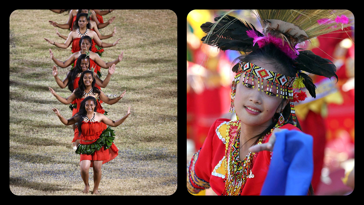Side by side photos showing dancers performing in traditional clothing and a single dancer posing in traditional clothing.