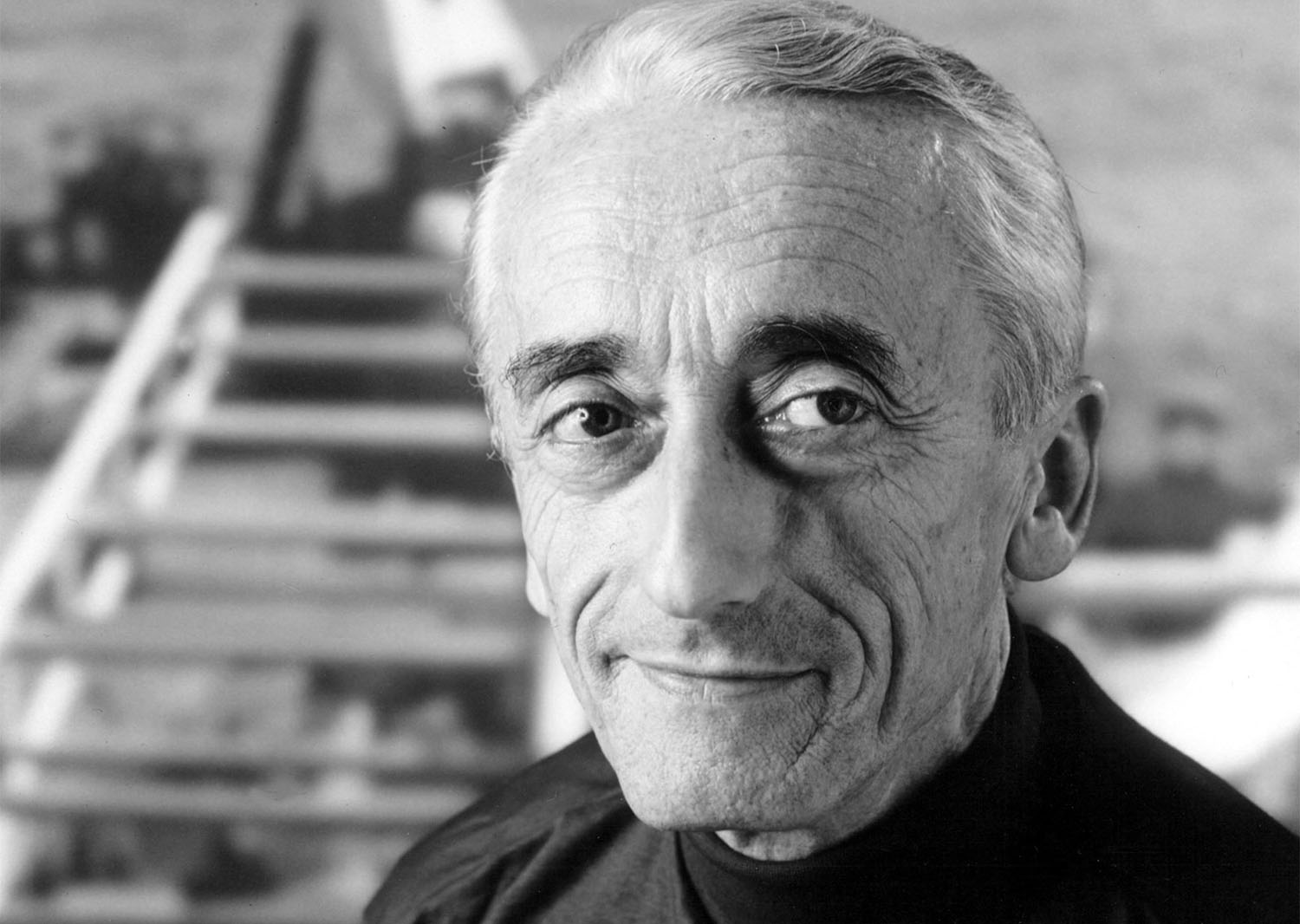 Black and white portrait of Jacques Cousteau