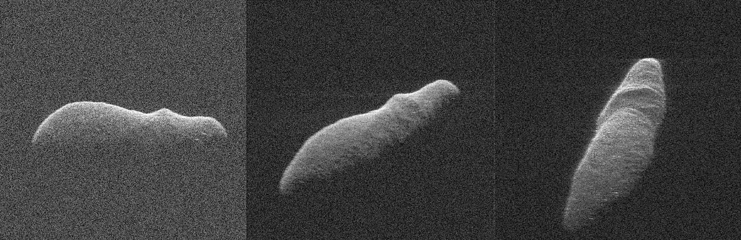 Three images show an oblong asteroid in space.