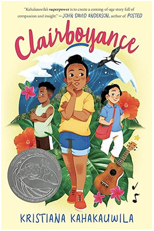 A girl stands with a pensive expression with a child to her right and to her left, as well as flowers and a ukulele.