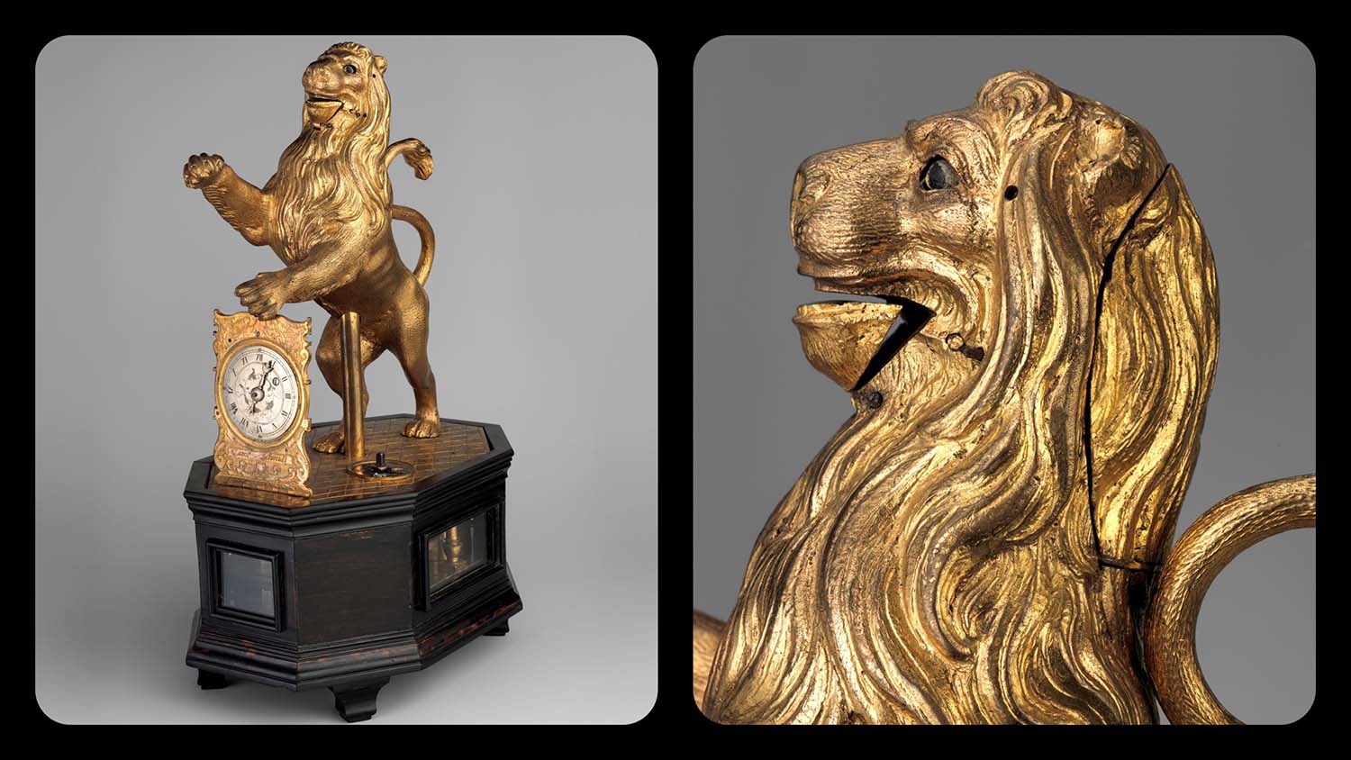 A gold lion stands on a pedestal holding the clock in his left paw side by side with a closeup photo of the lion’s face.