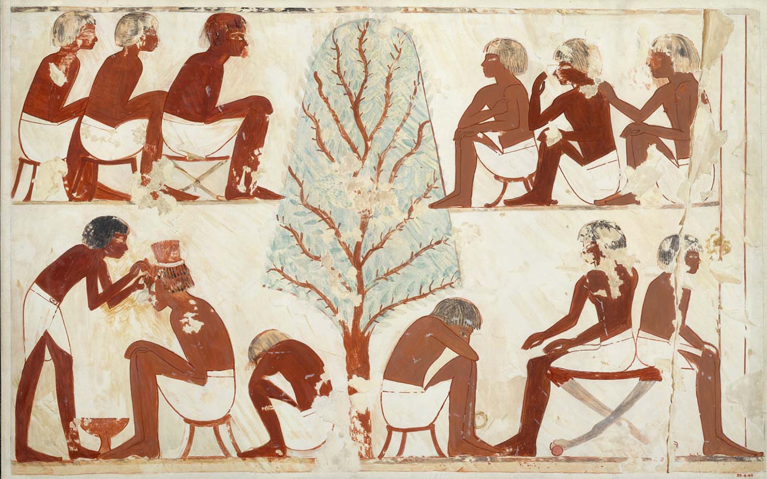 Nine seated men appear in three panels while a fourth panel shows a barber tending to another seated man.