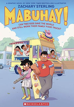 A girl and a boy stand in front of a food truck. Three other people are on the food truck.