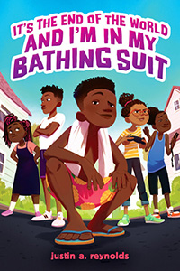 The cover of It’s the End of the World features a boy outdoors in a bathing suit crouching down as four other children stand behind him.