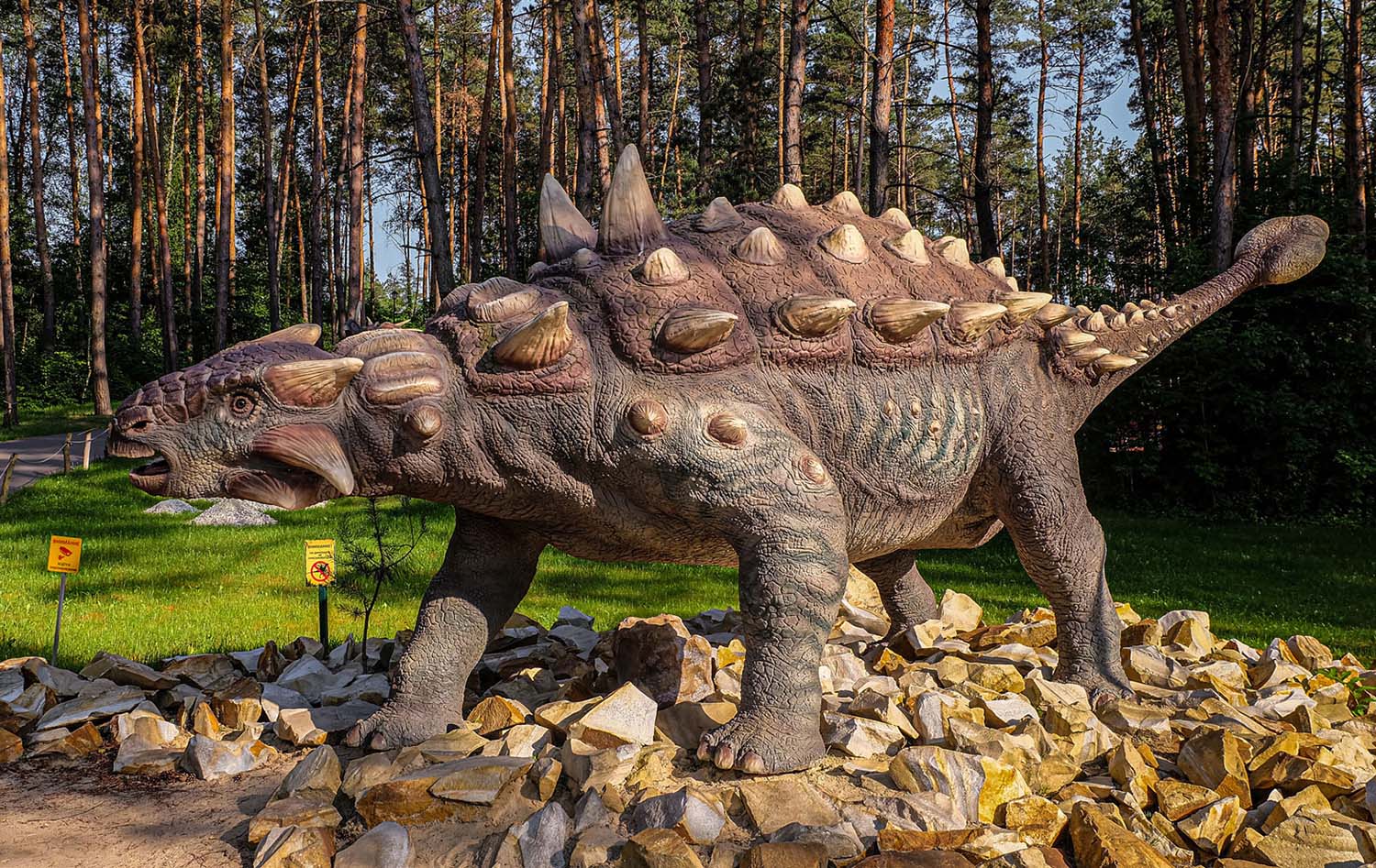 A statue of an ankylosaurus is on rocks with trees in the background.