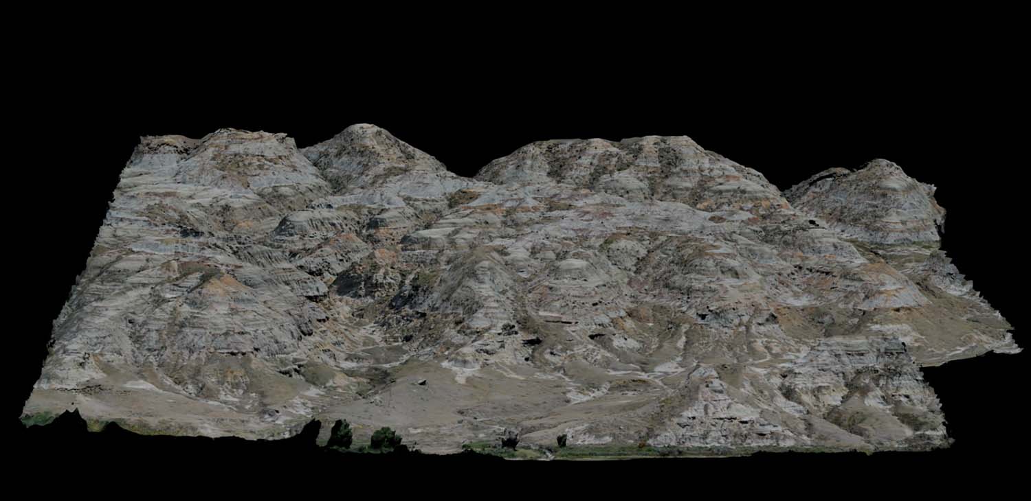 A 3D rendering of a bone bed, or area containing many bone fossils, shows layered rock.