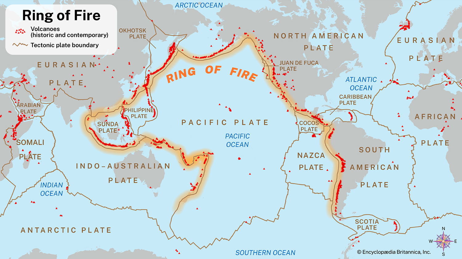 A map showing the world’s volcanoes and labeling the Ring of Fire.