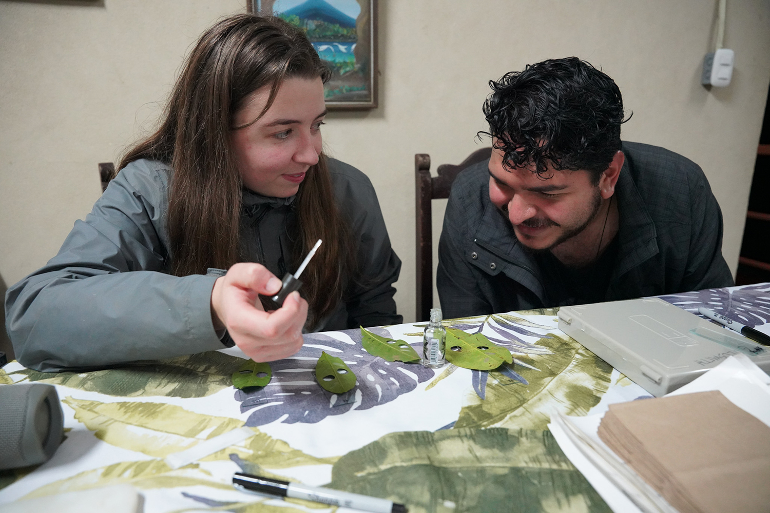 Two student scientists sit at a table with leaves in front of them. One of the students holds a dropper.