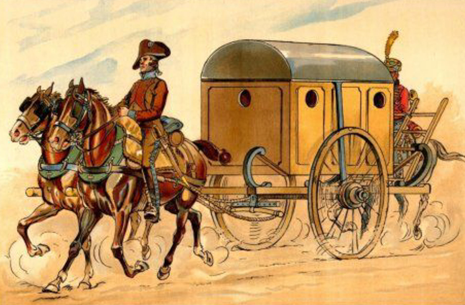 Illustration of a man in 18th century clothing driving a horse-drawn wagon with a horseback rider behind him.