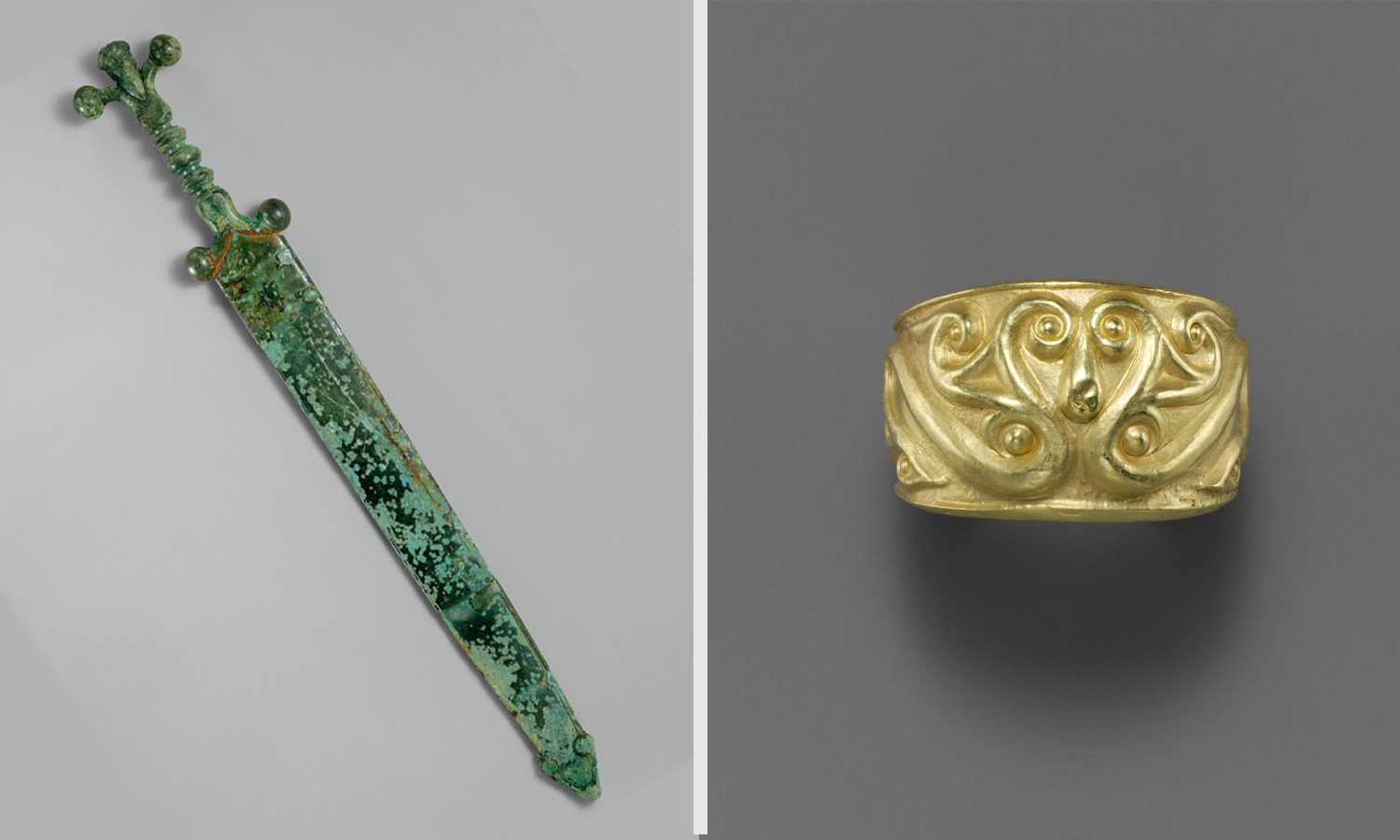 Side by side of a Celtic sword and Celtic ring.