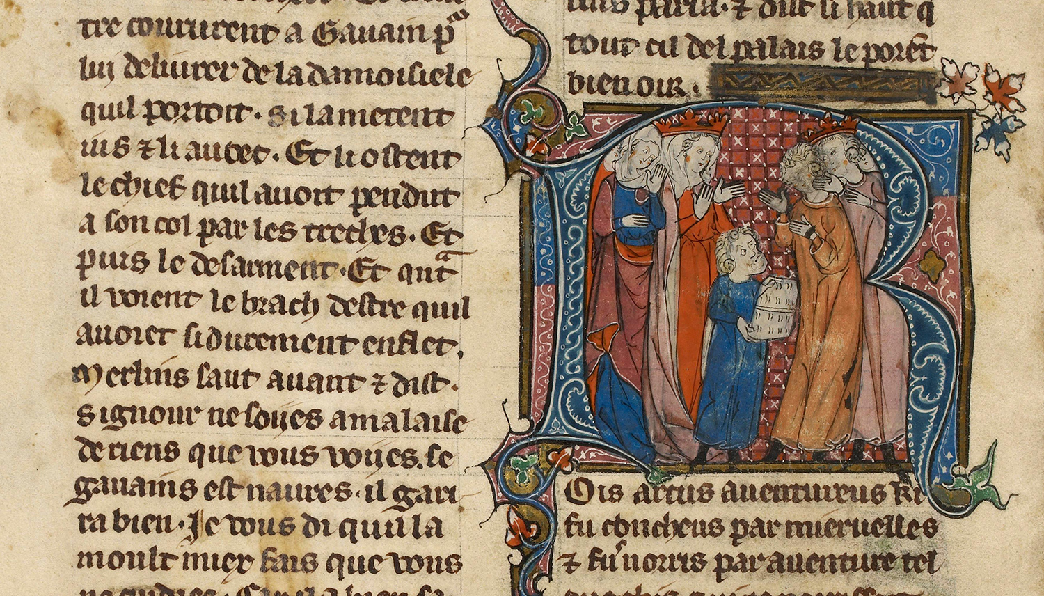 Part of a page from a hand written medieval manuscript with an illustration.