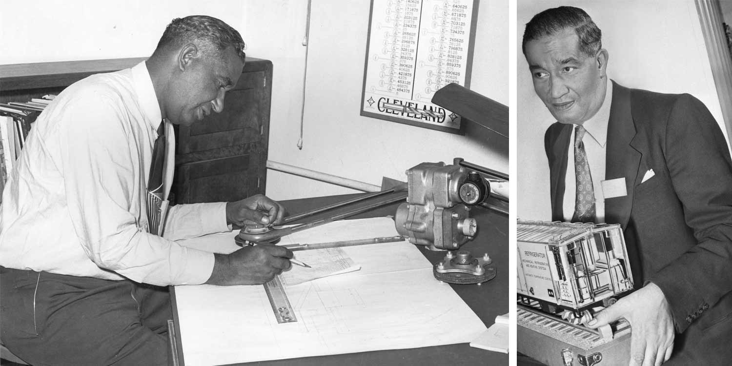Side by side photos of Frederick McKinley Jones at his drafting table and holding a model of his refrigerated car.