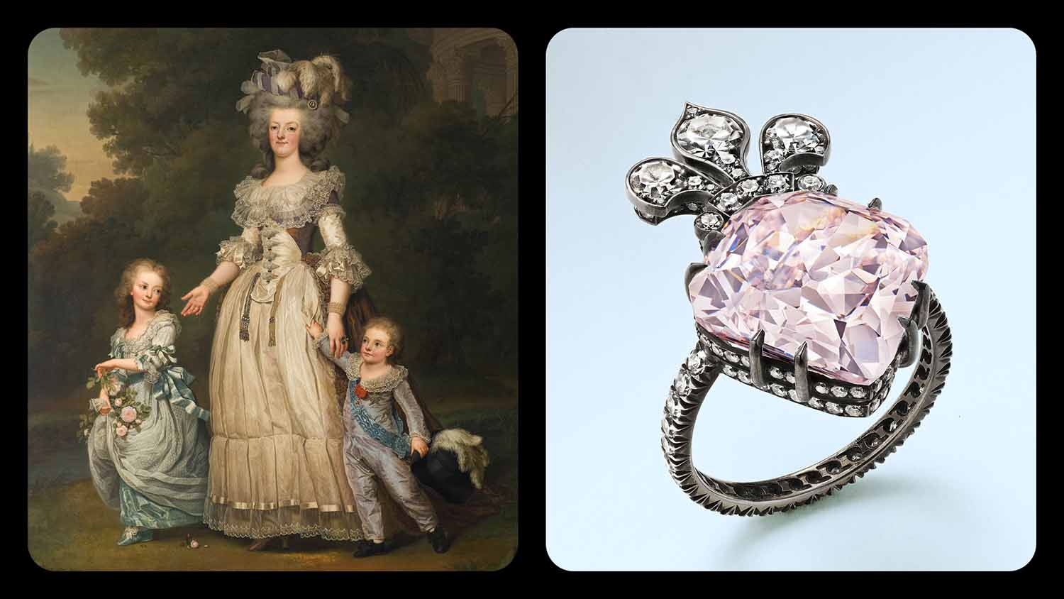Side by side, a painting of Marie-Antoinette and her children and a ring with a large pink diamond and several smaller diamonds.