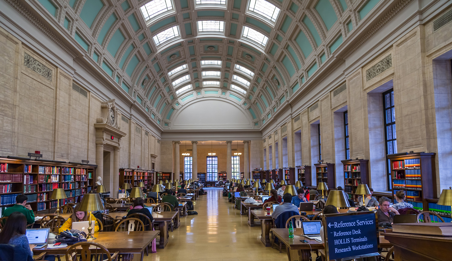 A view of a reading room at the Widener Library at Harvard University.
