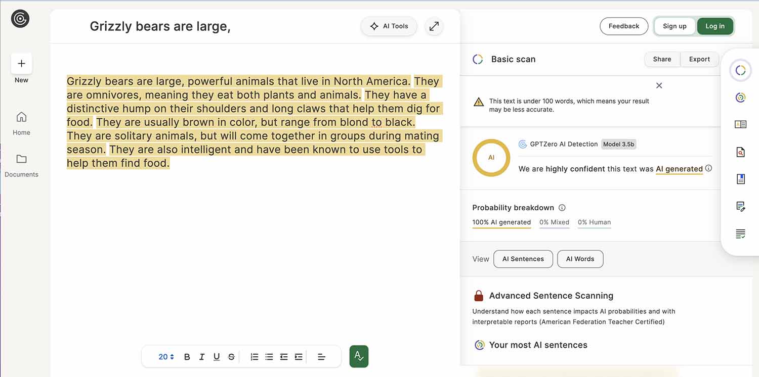 A screenshot of a GPTZero result with text about grizzly bears determined to be AI generated.