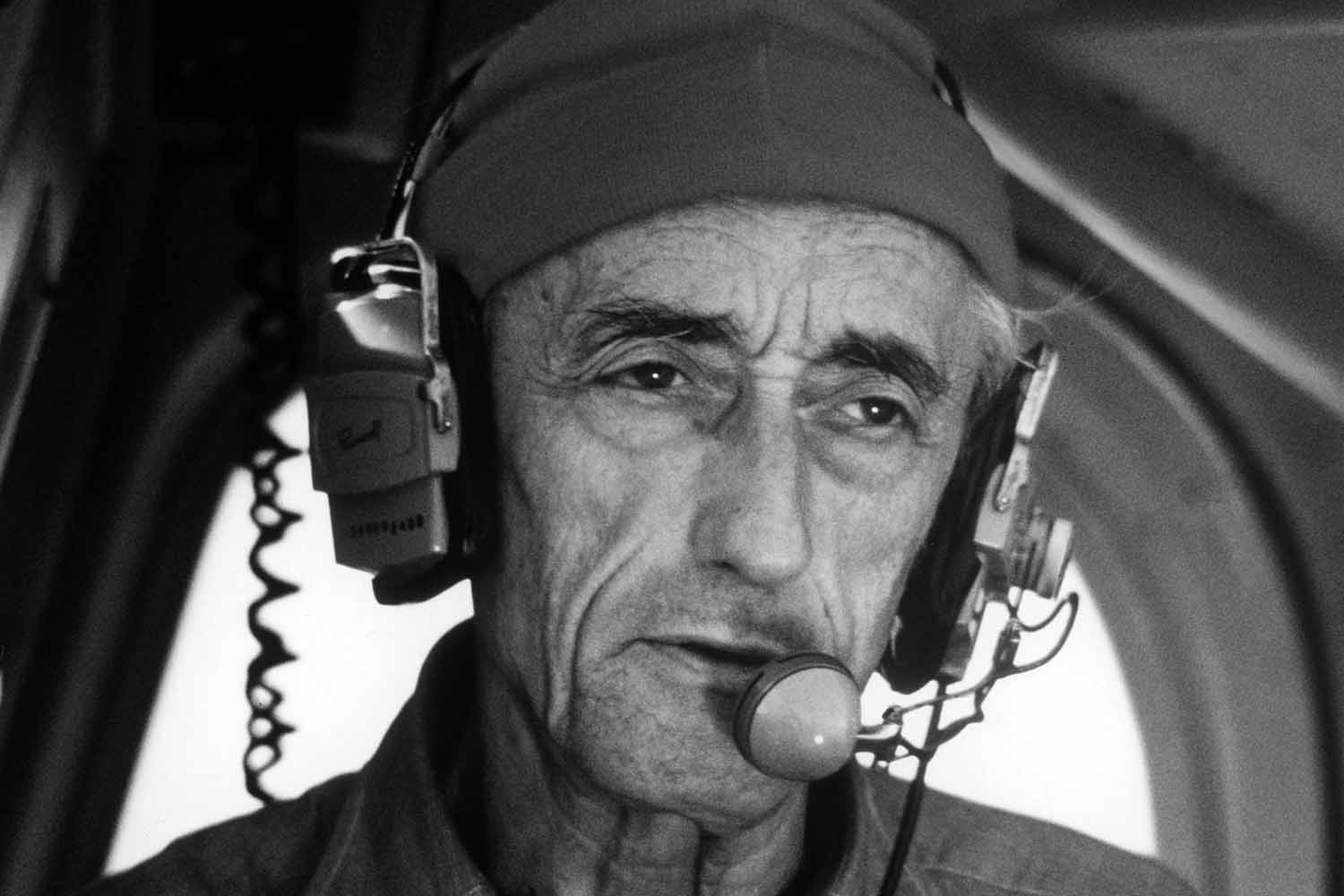 Black and white portrait of Jacques Cousteau