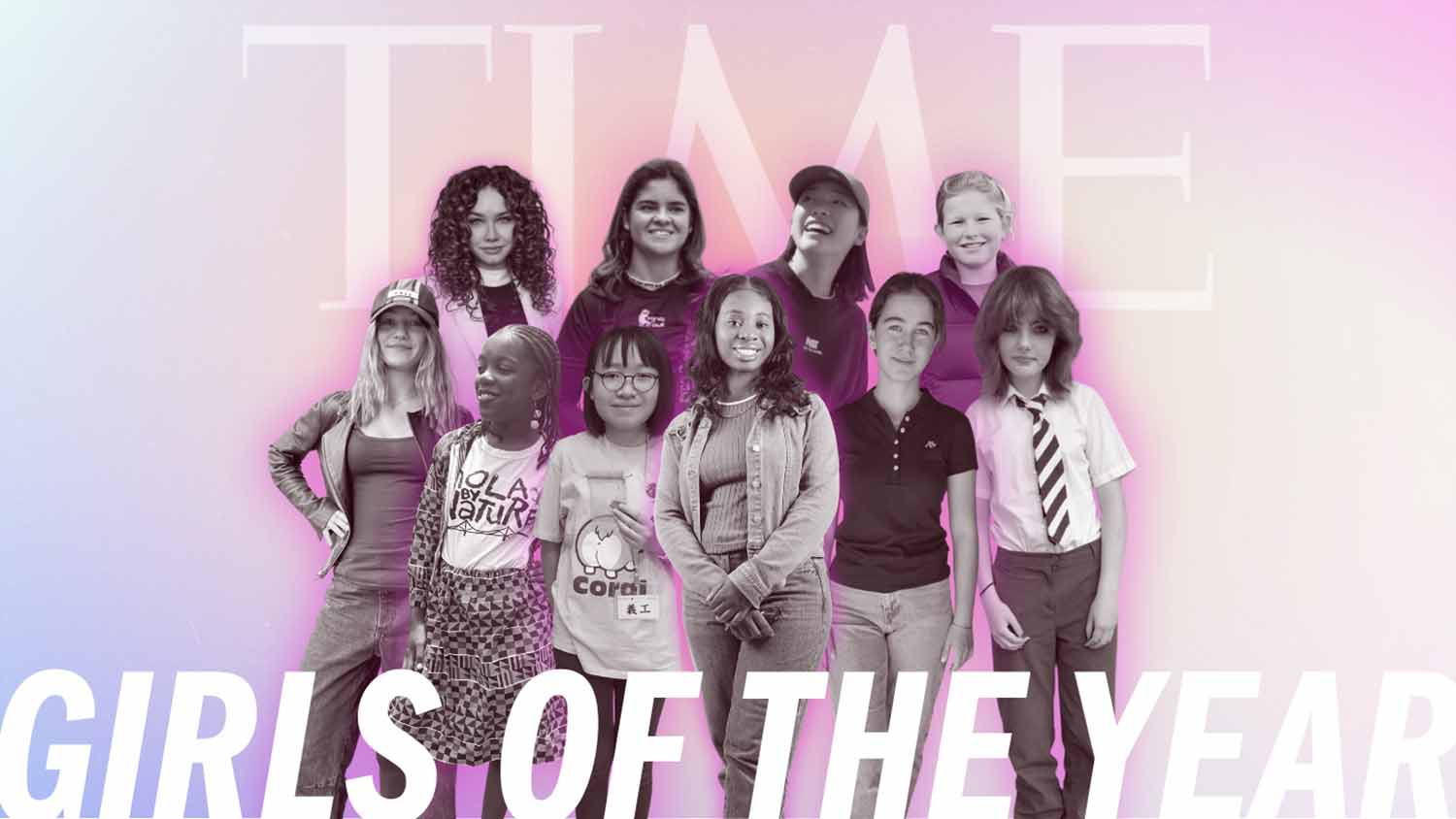 The 10 young people from Time’s 2025 Girls of the Year list stand smiling together in a composite image.