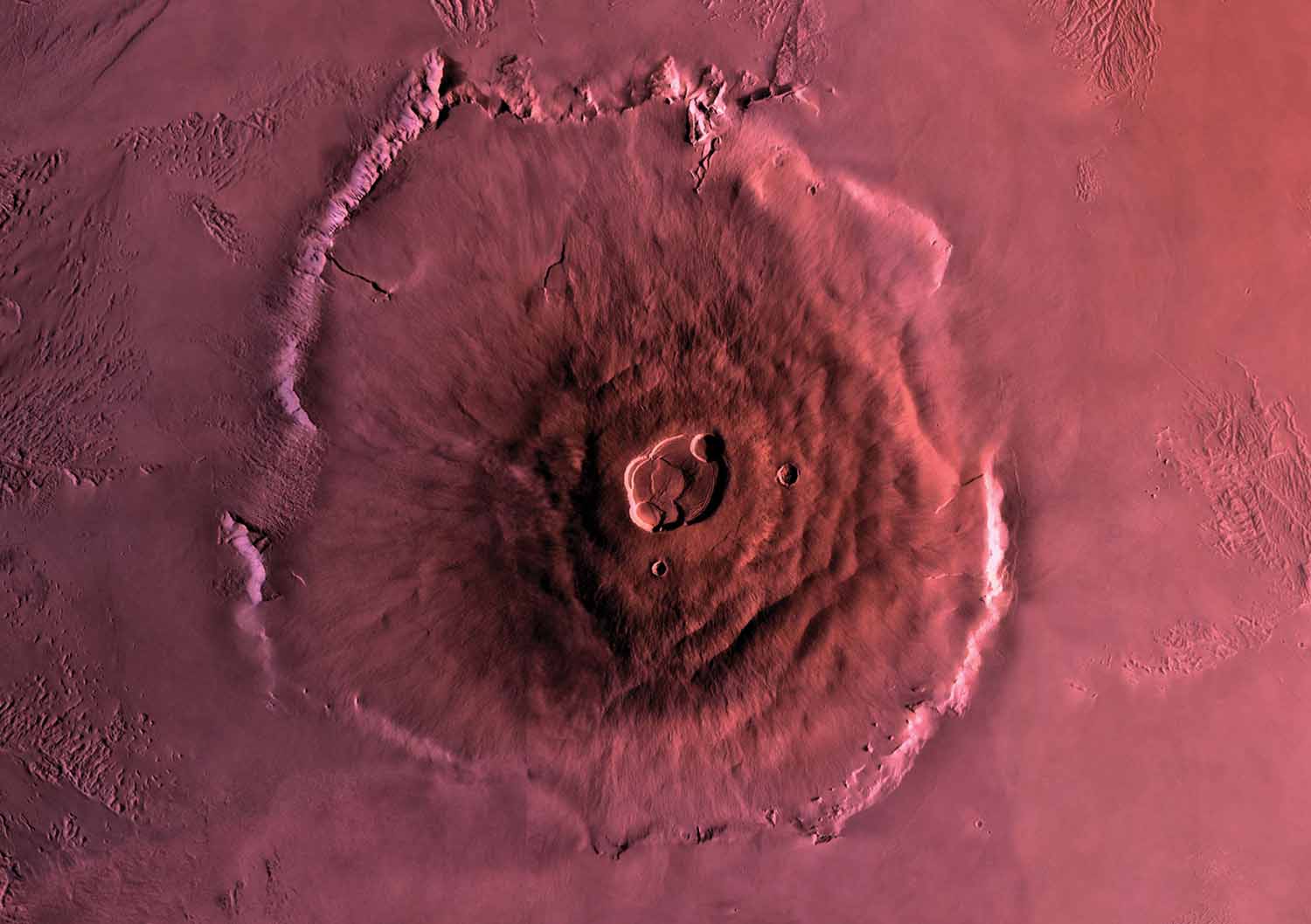 Image of Olympus Mons taken from above with pink tint added.