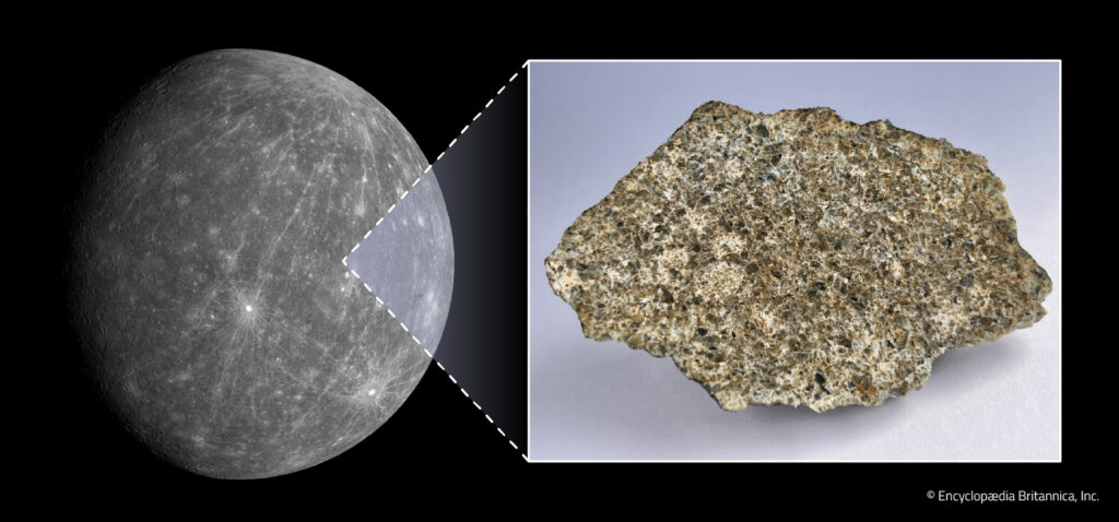 Photo of Mercury from space with an inset of a meteorite that might be from Mercury.