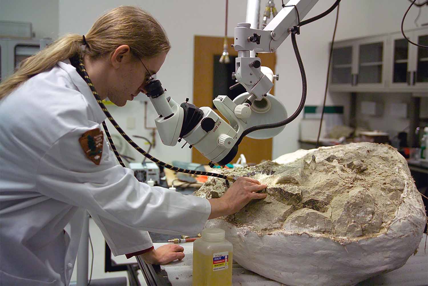 A paleontologist looks through a large microscope at a fossil.