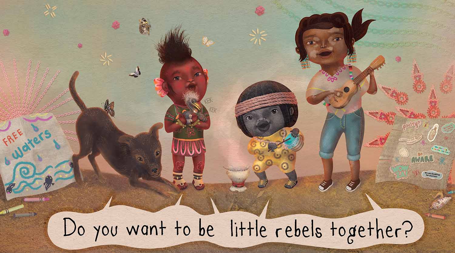 A set of interior pages from Little Rebels shows an illustration from the book.