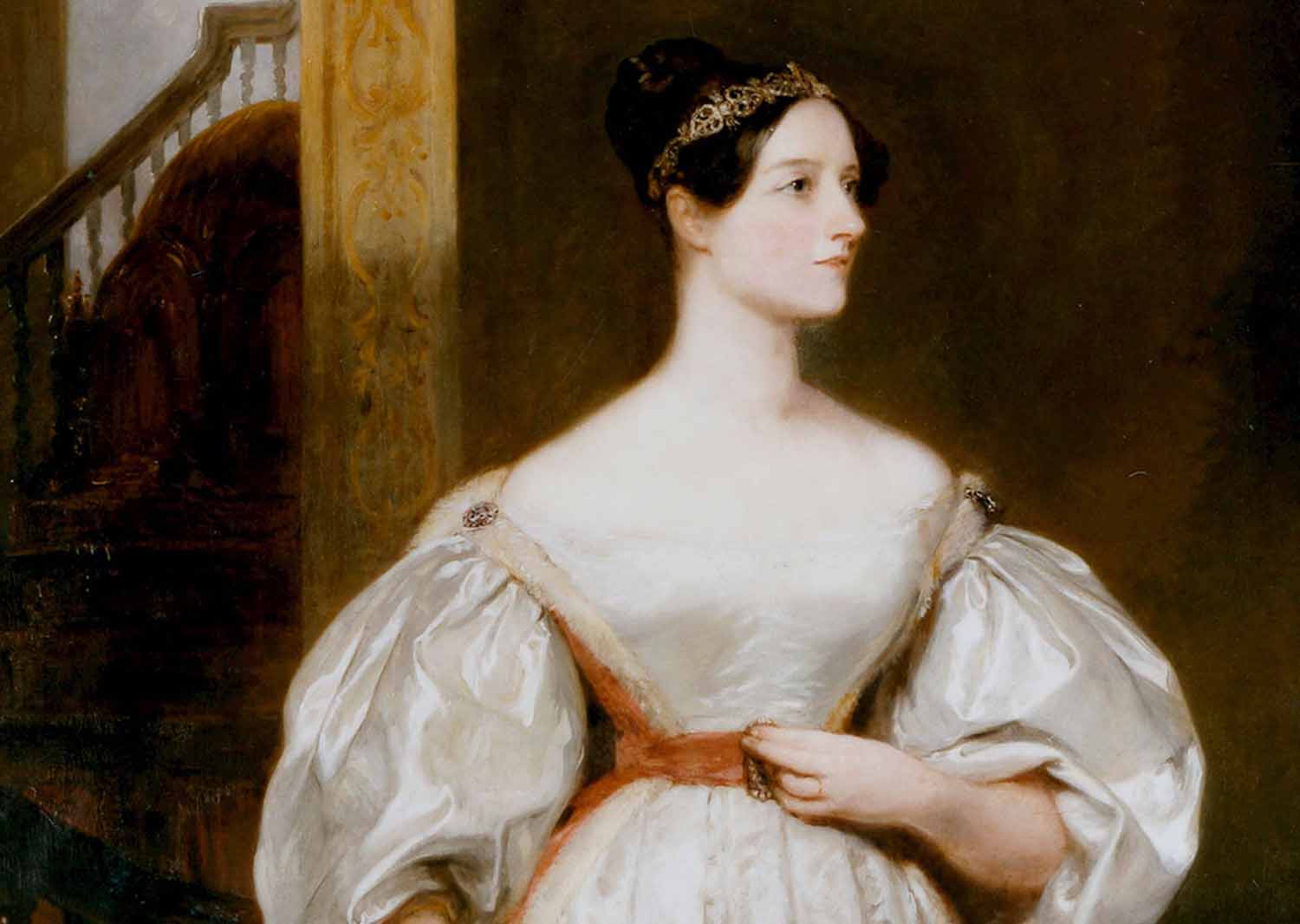 A painted portrait shows Ada Lovelace posing in a long white dress.