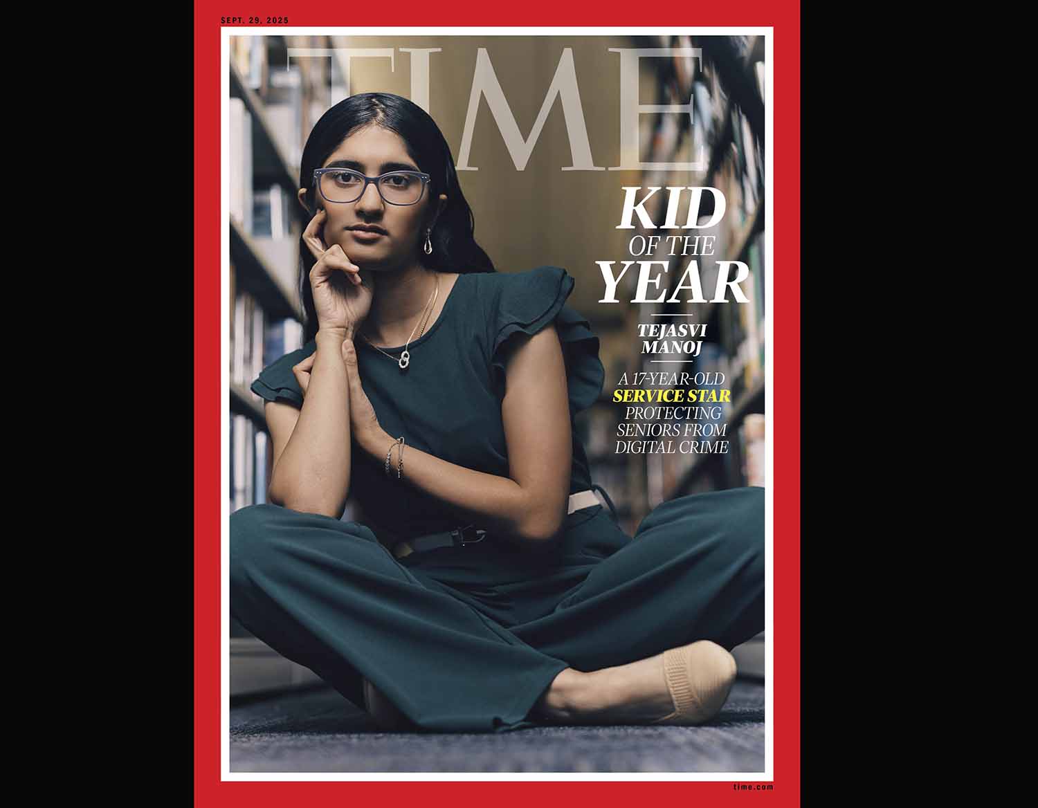 A Time magazine cover shows Tejasvi Manoj posing while sitting on the floor of a library and names her Kid of the Year.