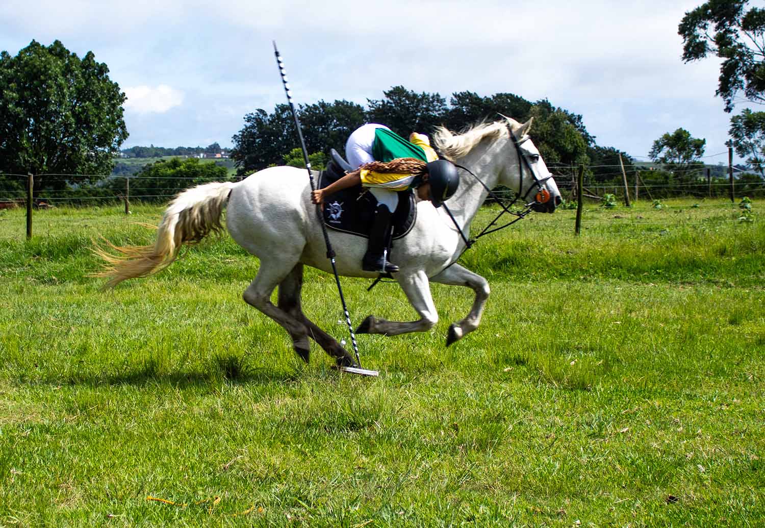 A rider on horseback is bent with her head toward the ground as she puts a spear to the ground to pierce a target.