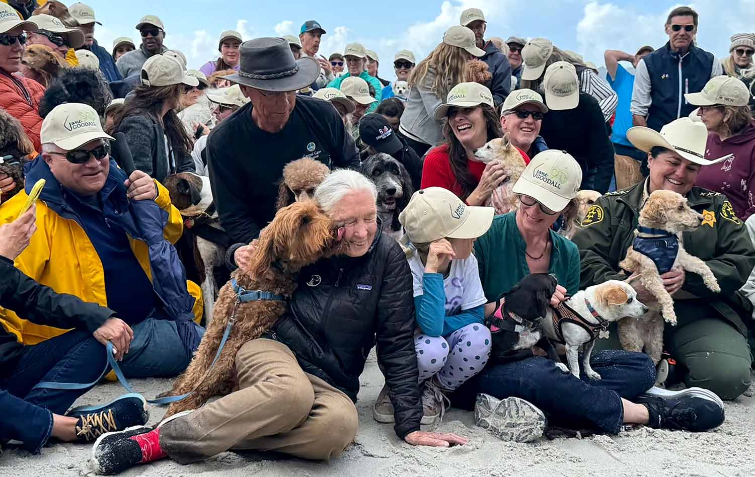Jane Goodall is licked by a dog as she sits on a beach to pose for a photo along with many other people and their dogs.
