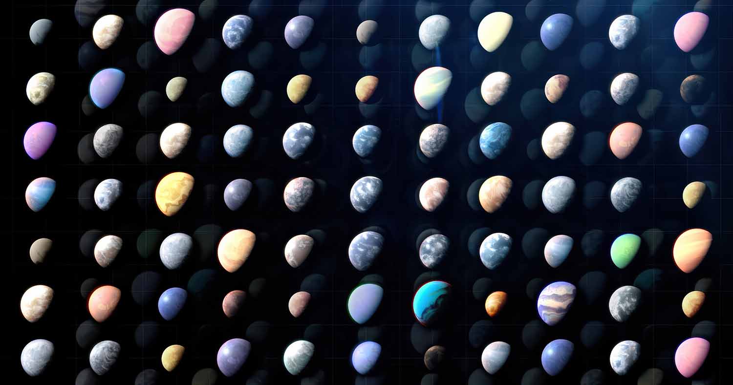 An artist rendition of various exoplanets, which appear to be different colors and sizes, arranged in rows.