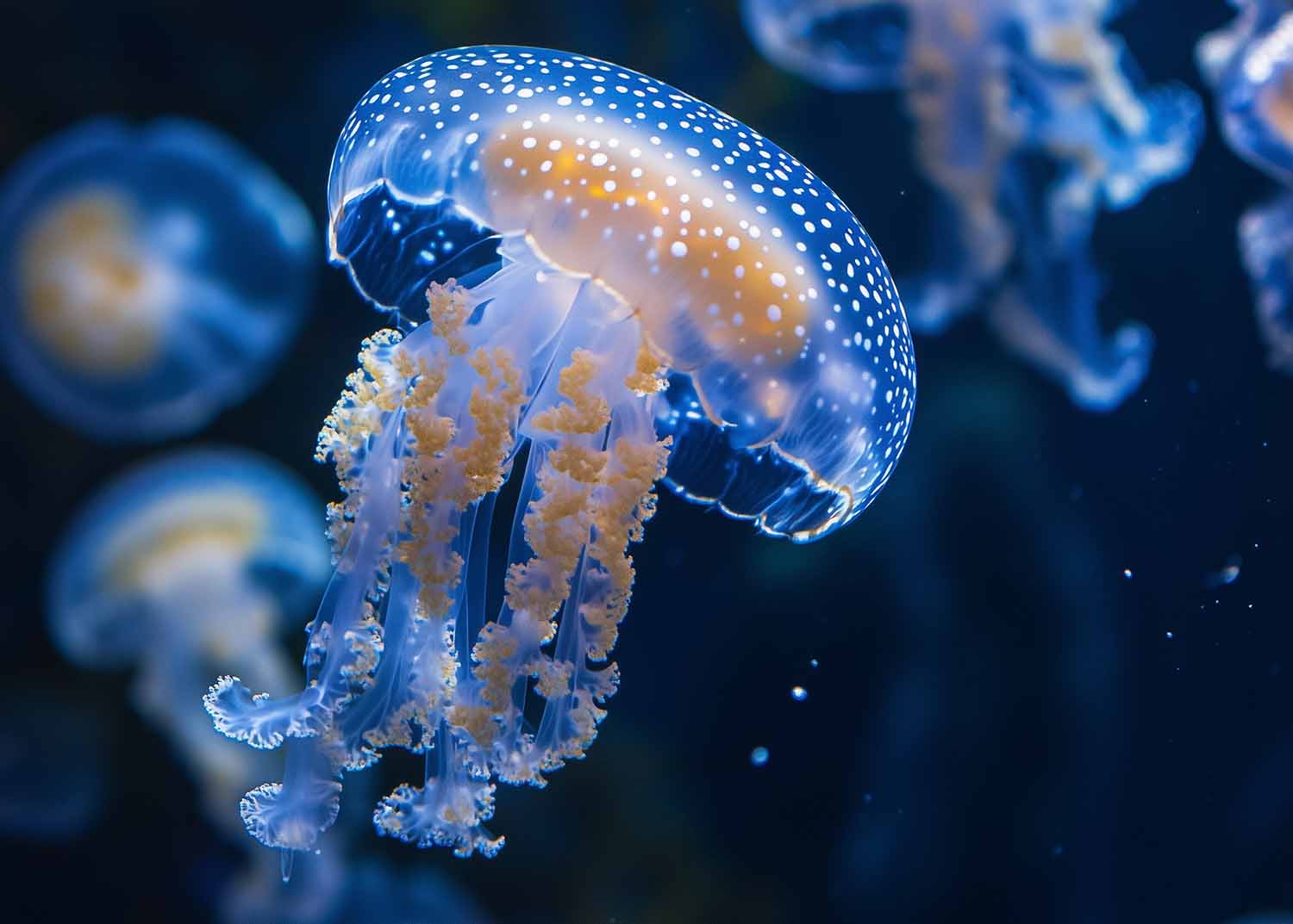 Blue, white, and gold spotted jellyfish swim.